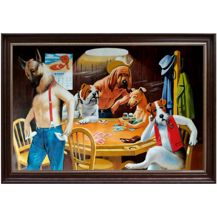 手绘装饰画狗打扑克牌油画新现代休闲会所餐厅背景墙狗抽雪茄卓克