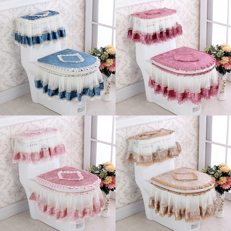 新款四季通用布艺蕾丝马桶三件套马桶垫马桶圈U型马桶套拉链式套