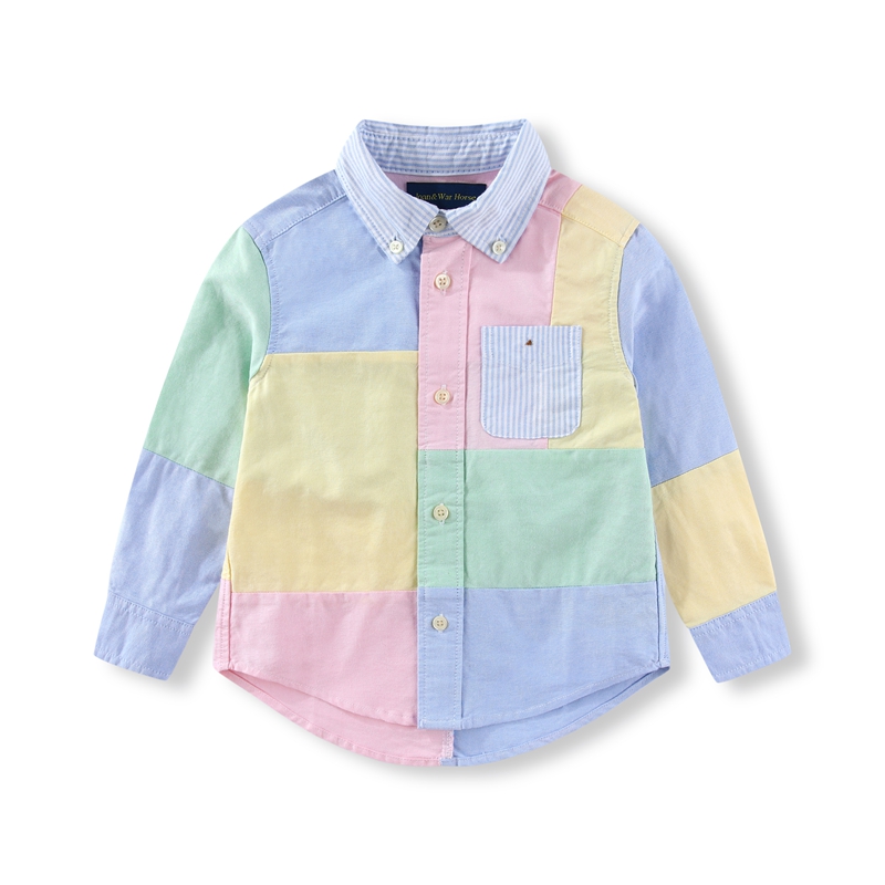 RL048男童小彩拼色翻领牛津纺纯棉春秋中大童 衬衫