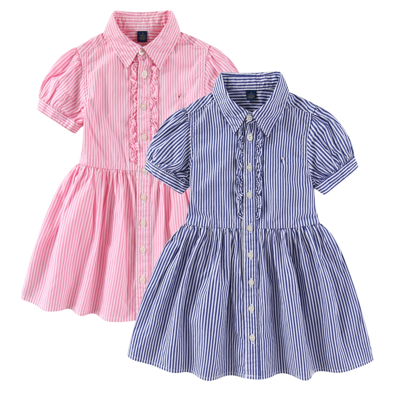 RL027女童府绸棉短袖连衣裙 经典长裙 小彩马 夏季薄款学院休闲