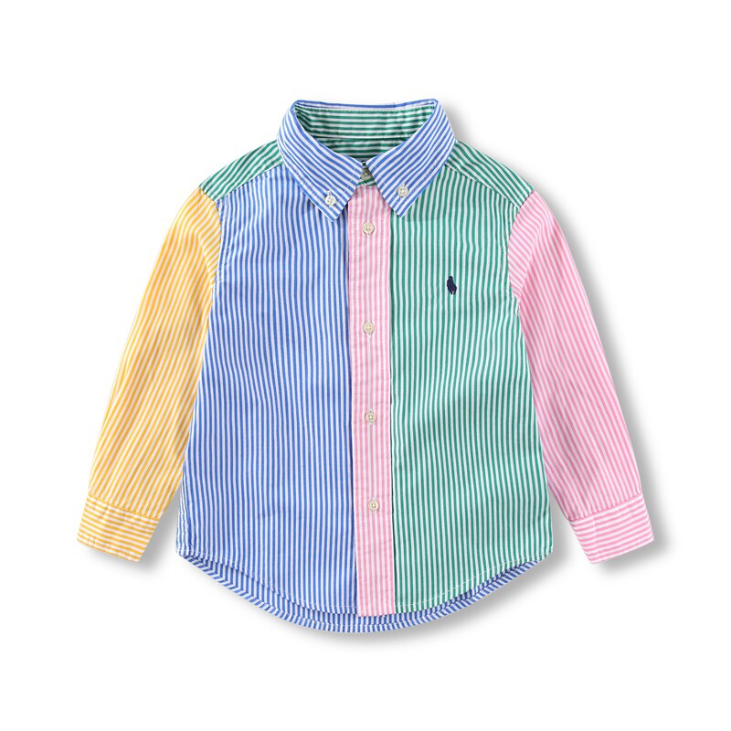 RL073男女童撞色纯棉小马条纹长袖衬衣 中大童  翻领 休闲