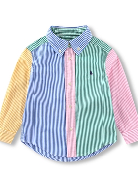RL073男女童撞色纯棉小马条纹长袖衬衣 中大童  翻领 休闲