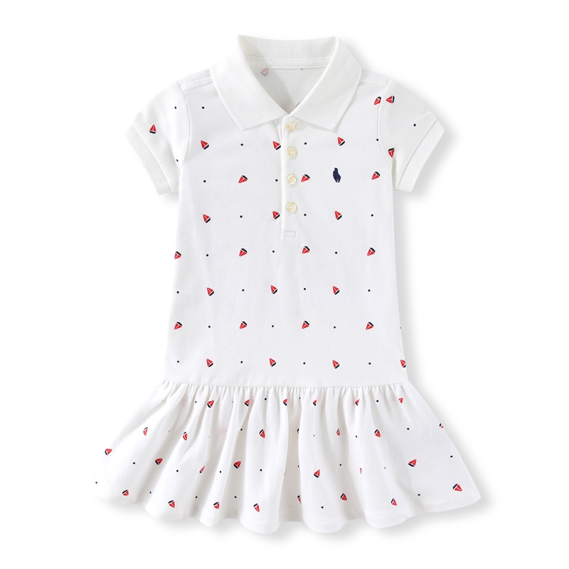 RL029夏季新款女童小马短袖连衣裙 珠地棉帆船印花翻领连衣裙