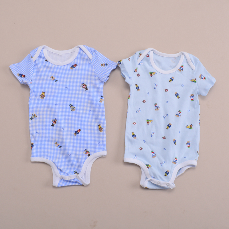 RL005婴幼儿男女童圆领熊短袖三角纯棉连体衣