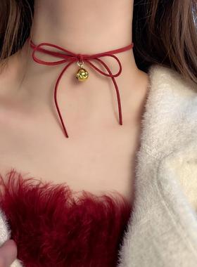 Puppy*圣诞铃铛女蝴蝶结细带项圈丝绒锁骨链圣诞节礼物颈链颈饰