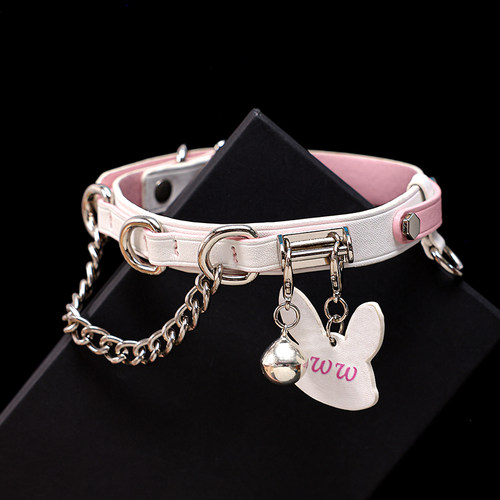 原创真皮铃铛项圈choker女m骨头拼色颈圈男脖圈颈饰刻字狗牌