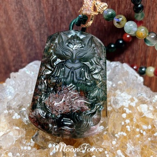 男女款 天然绿幽灵九尾狐吊坠精品水晶狐牌项链 竹墨双狐