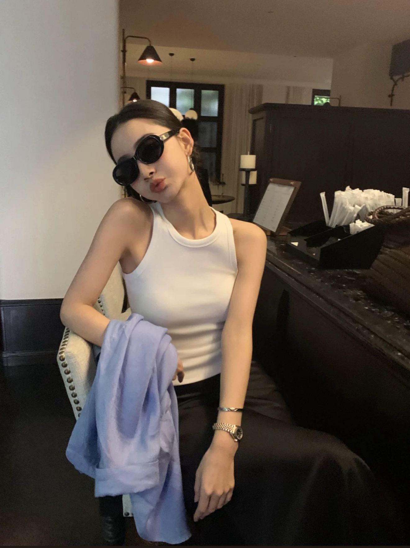 新款工字针织吊带背心女外穿圆领弹力修身坎肩无袖上衣M087