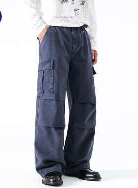 沐丘男装∣加绒加厚法工蓝美式工装裤男士宽松直筒做旧水洗休闲裤