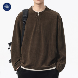 宽松亨利衫 T恤男士 ∣复古水洗加绒加厚假俩件欧棉绒长袖 沐丘男装