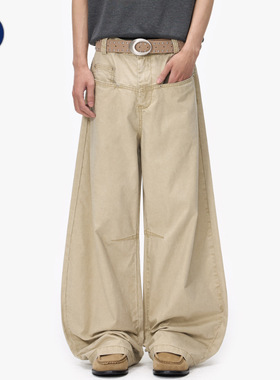 沐丘男装∣2026薄款弯刀休闲裤男女宽松一字分割铆钉阔腿工装裤子