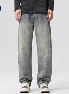 沐丘男装∣2025秋季新款美式高街做旧水洗泼墨牛仔裤男士复古长裤