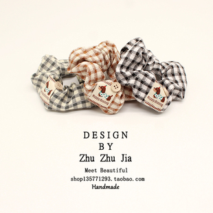 卡通风格子布艺大肠发圈女韩系小狗图案高级感丸子头扎头发绳发饰