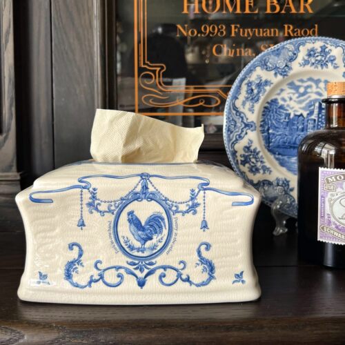 livingbank法式陶瓷手绘「公鸡」抽纸盒小众复古蓝陶装饰纸巾盒