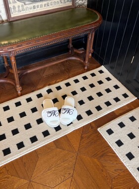 LIVINGBANK原创小众黑白方块耐脏长地垫厨房吸水吸油垫ins床边毯