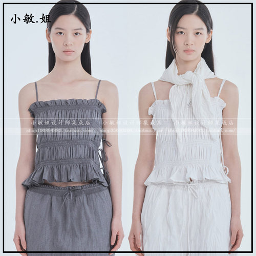 敏姐26夏韩国设计师品牌mausoleum新款7月荷叶边褶皱吊带衬衫
