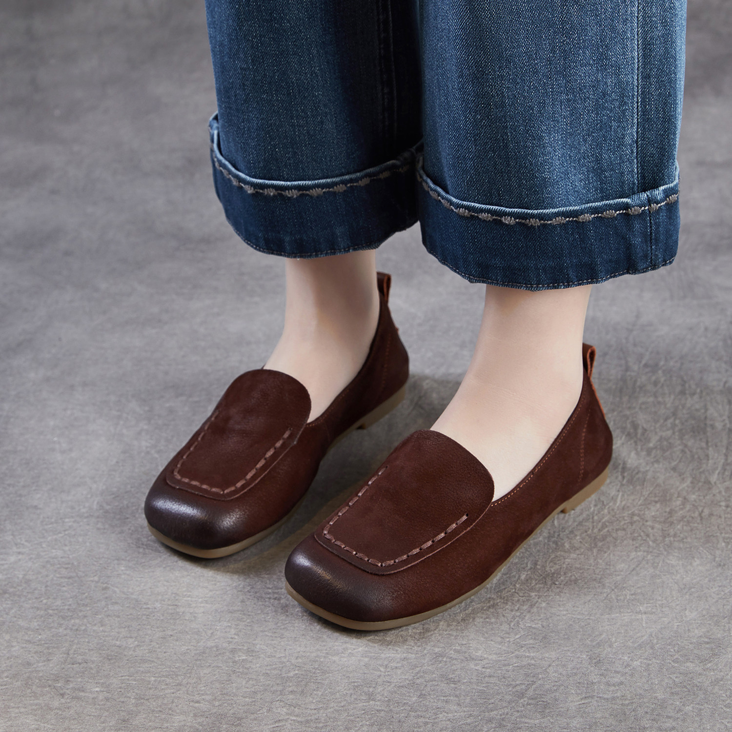 复古方头低跟平底乐福鞋女2026新款软底真皮单鞋女一脚蹬小皮鞋,女鞋,乐福鞋（豆豆鞋）,淘宝优惠券,粉丝福利购,淘宝优惠卷