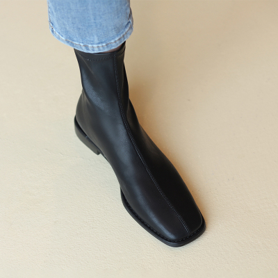 极简软皮方头百搭马丁靴女后拉链