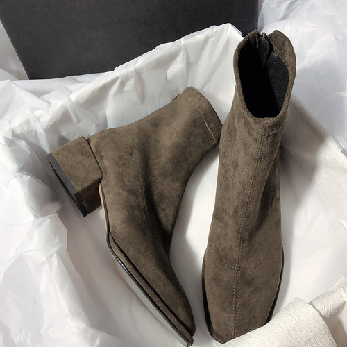 简约粗跟通勤后拉链短靴女秋冬季新款真皮休闲方头中跟弹力瘦瘦靴