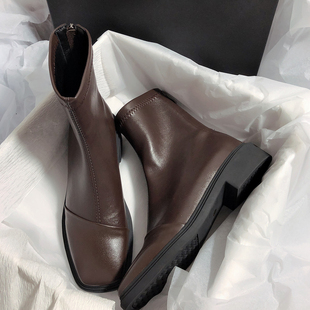 2025秋冬季 真皮平底简约百搭瘦瘦短靴文艺复古气质方头弹力靴 新款