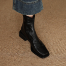 复古方头小羊皮中跟粗跟瘦瘦短靴女秋冬季新款瘦瘦靴后拉链马丁靴