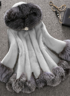 特大码皮草女仿水貂毛大衣中长款白色连帽带帽加肥加大200斤外套