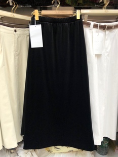 加绒加厚黑丝绒半身裙女装秋冬季新款小个子后开叉中长款直筒裙子