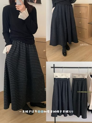 格子毛呢半身裙休闲口袋花苞裙