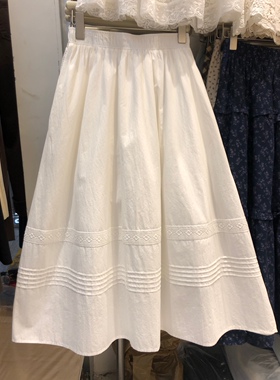 法式温柔风蕾丝花边白色半身裙女休闲棉质口袋伞裙大摆A字蓬蓬裙
