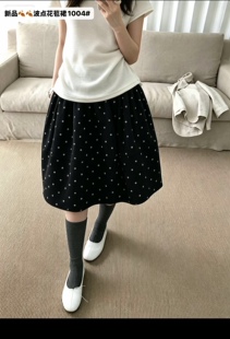 a字半身裙女韩系蓬蓬黑色波点花苞裙子秋季减龄遮胯显瘦口袋中裙