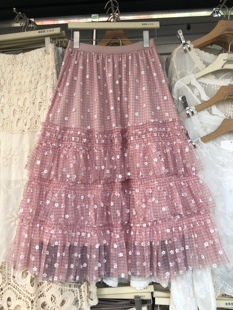 格纹红色碎花半身裙女甜美高腰A字仙女网纱裙木耳花边蓬蓬蛋糕裙