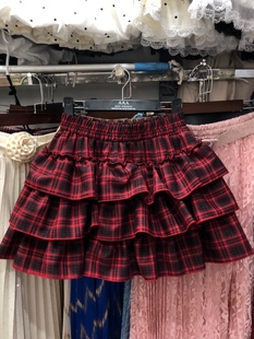 红色格纹蛋糕裙短裙小个子穿搭2026春季格子半身裙南瓜蓬蓬伞裙