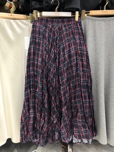 美式氛围感红格子半身裙女春秋复古宽松长裙褶皱格纹A字大摆伞裙