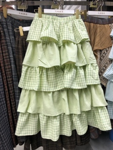 森系甜美学院风格 子蛋糕裙多层荷叶边减龄格纹蓬蓬A字裙中长裙子