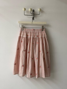 韩系复古休闲条纹刺绣花朵粉色少女感半身裙女百搭显瘦中裙A字裙
