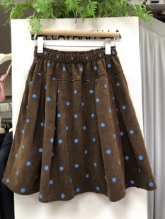 文艺复古波点压褶半身裙女灯芯绒高腰显瘦百搭休闲a字中裙子秋季