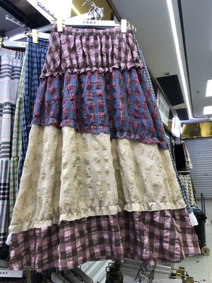 波西米亚撞色格纹蛋糕裙A字裙