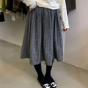 毛呢中裙子复古松弛风千鸟格纹百褶半身裙女秋季松紧腰垂感A字裙