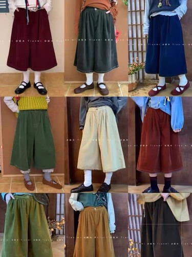 休闲文艺范灯芯绒阔腿裤7分中裤