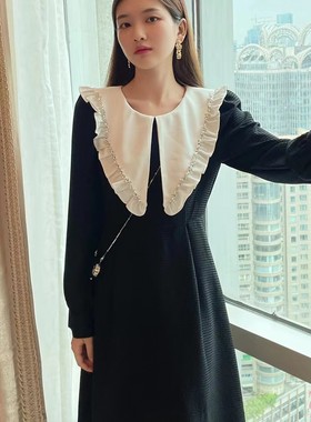 YOOMINI广州APM店春秋甜美气质羊角领长袖修身显瘦休闲黑色连衣裙