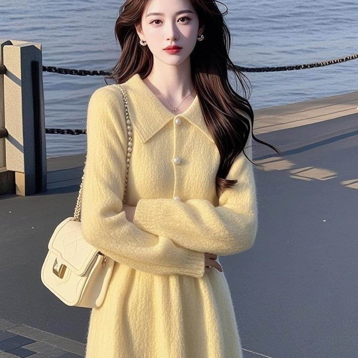 新款气质小香风名媛高端小洋装清纯系掐腰黄色针织连衣裙子女冬季,女装/女士精品,汉服套装,淘宝优惠券,粉丝福利购,淘宝优惠卷