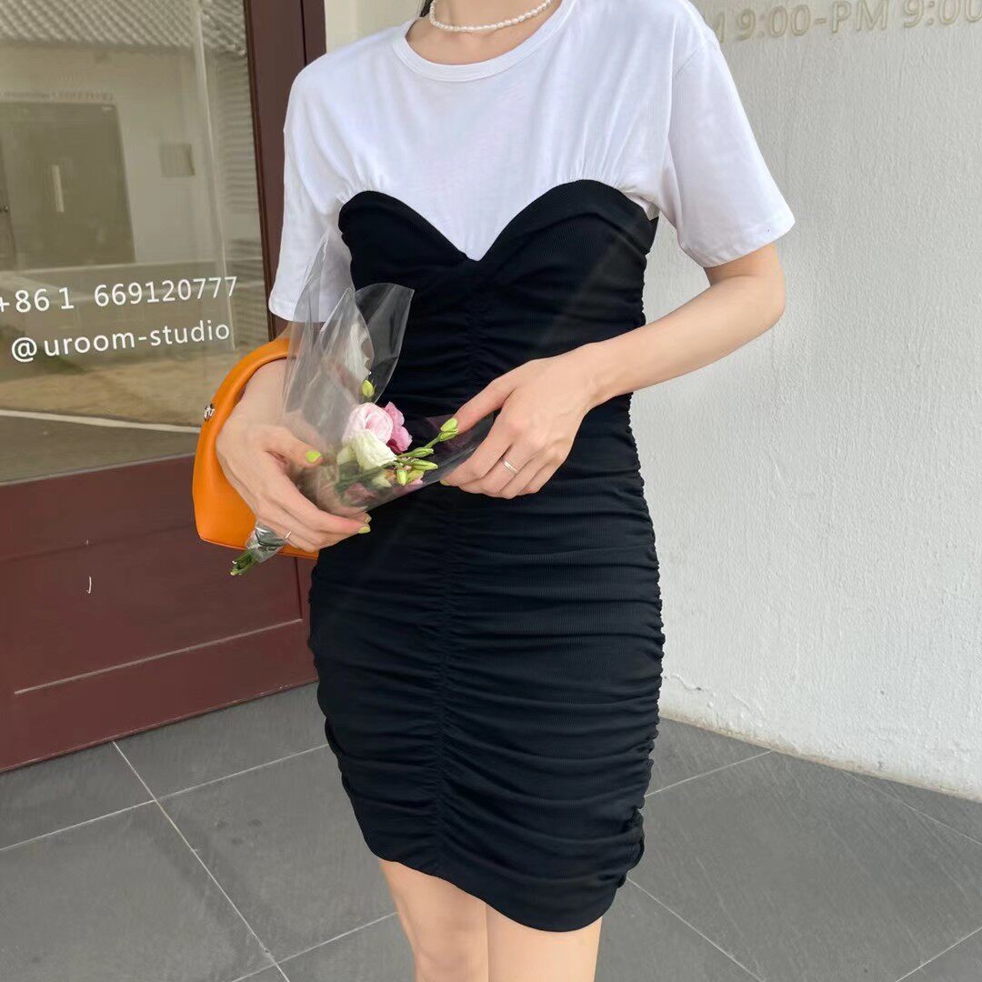 夏季甜美性感修身显瘦弹力圆领短袖连衣裙