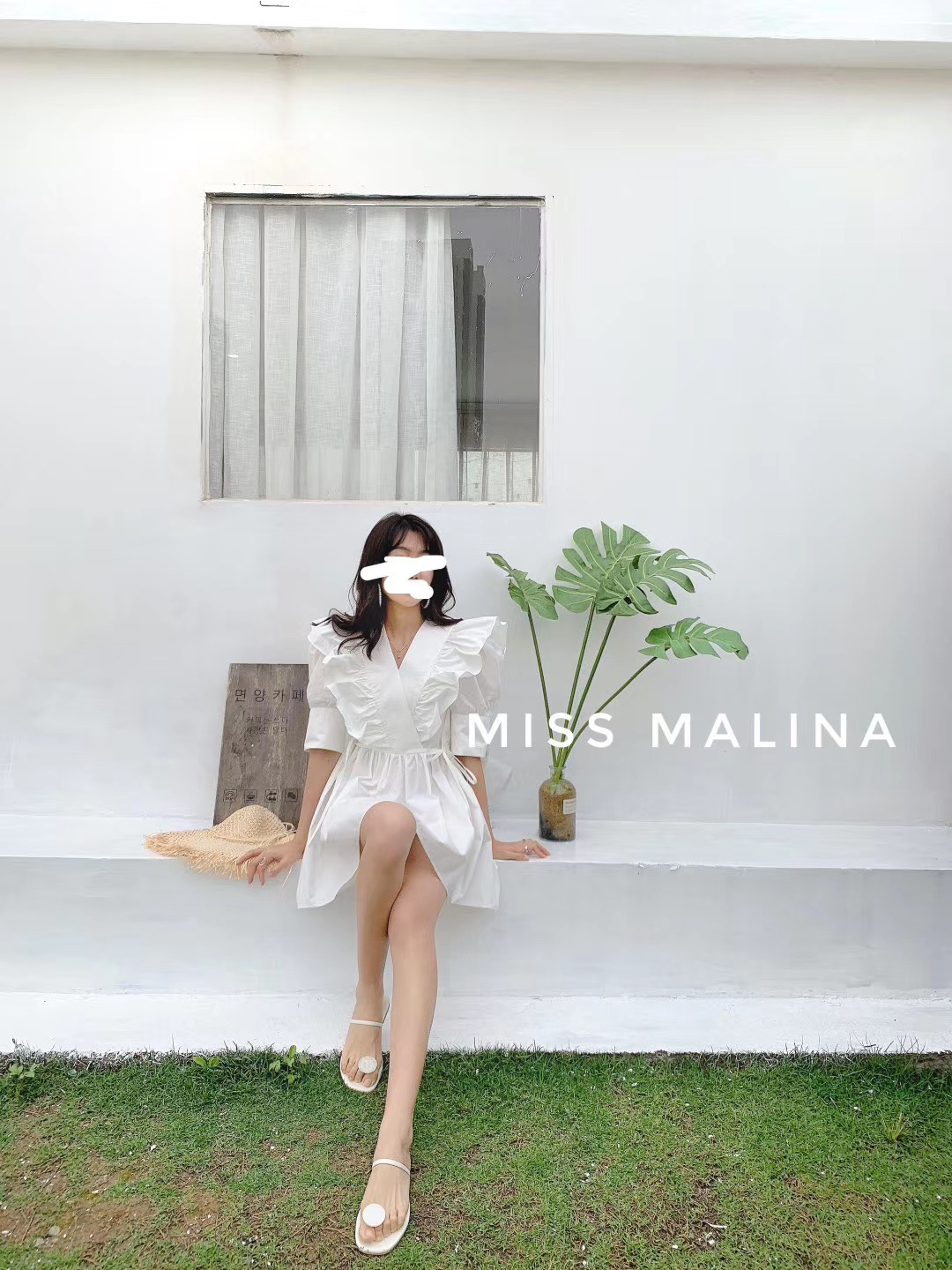 MISS MALINA广州UUS店春夏甜美V领纯棉收腰显瘦套头短袖连衣裙