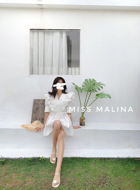 MISS MALINA广州UUS店春夏甜美V领纯棉收腰显瘦套头短袖连衣裙