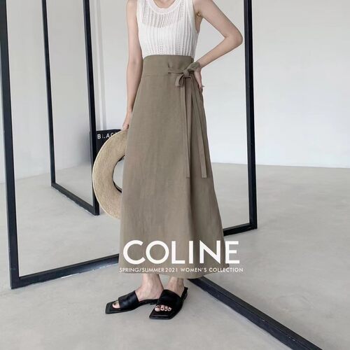 Coline广州UUS店气质系带活动腰后开叉修身显瘦通勤半身裙