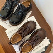 真皮日系棕色小皮鞋 女学院风复古厚底百搭圆头系带英伦风马丁鞋 潮