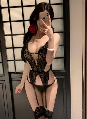 欲见*黑色禁区性感蝴蝶蕾丝透视连体衣睡衣纯欲风绑带睡裙女qqny