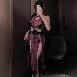 欲见花魁*性感国风旗袍开衩长裙镂空透明紫色制服收腰连衣裙qqny