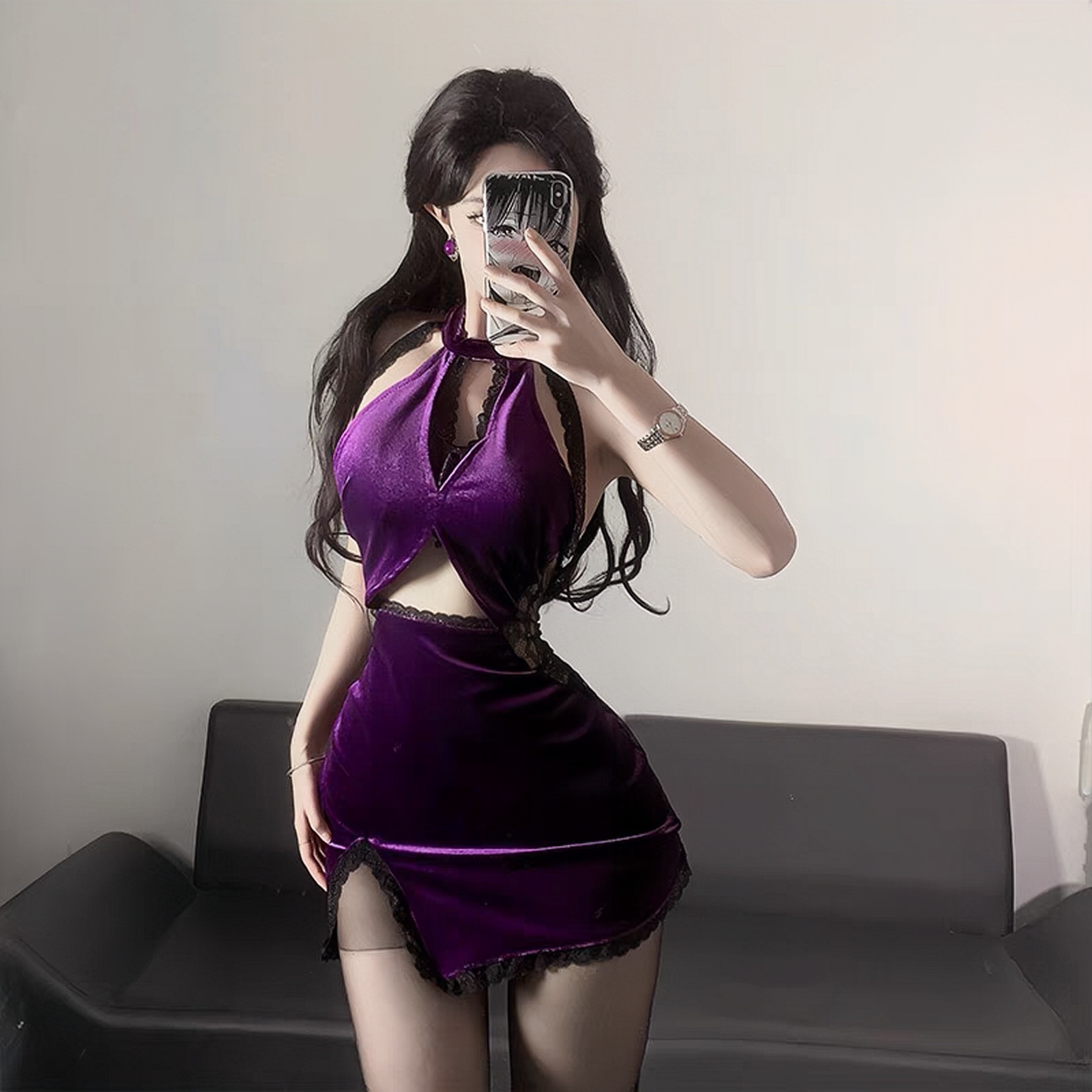 性感挂脖旗袍睡裙蕾丝绒包臀裙