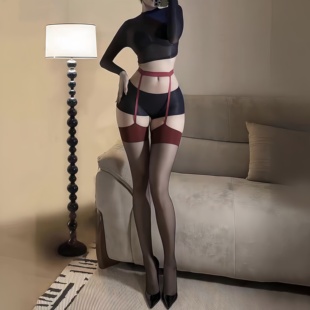 性感吊带黑丝袜子女红边撞色腿环一体丝袜超薄禁欲系打底裤 袜 连裤